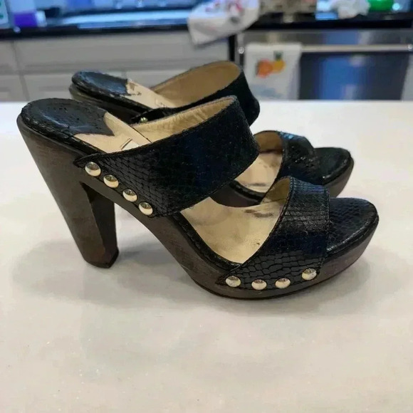 Jimmy Choo Ulrika Black Leather Snakeskin Wood Sandals High Heel Size EU 38 US 8 - Picture 3 of 12